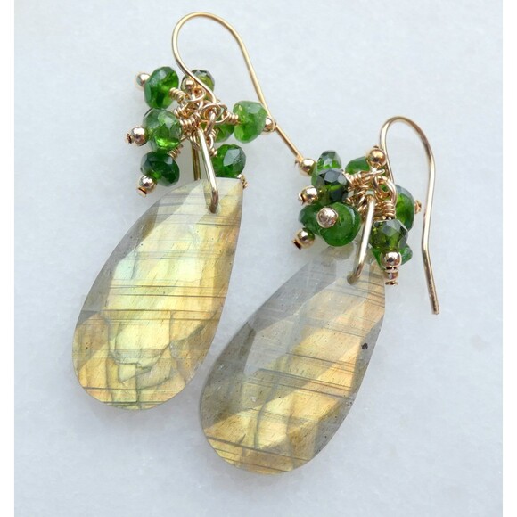 Golden Labradorite - Chrome Diopside - Beaded Gold Earrings - Picture 1 of 7